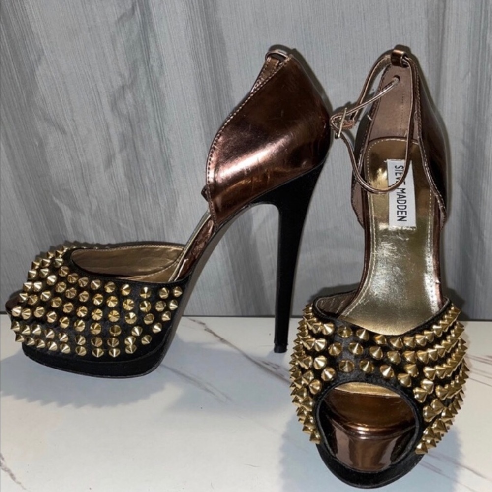 Metallic bronze/chocolate with gold spike/stud heels